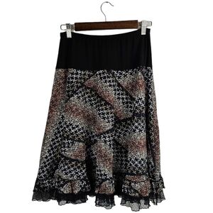 Bali Brown Black White Textured Midi Skirt with Bottom Frill Sz M